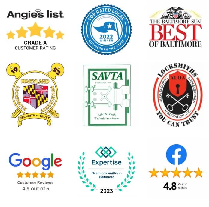 Angie's list grade A rated, Top rated Maryland locksmith, Best of Baltimore by Baltimore Sun, and Best Rated Baltimore company. Members of SAVTA, MDMLA, ALOA, and SBA WOSB