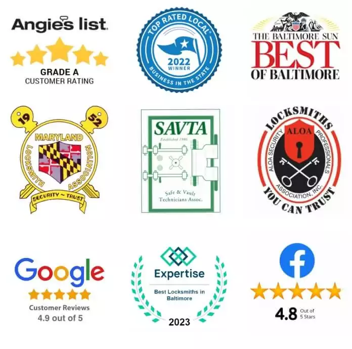 Angie's list grade A rated, Top rated Maryland locksmith, Best of Baltimore by Baltimore Sun, and Best Rated Baltimore company. Members of SAVTA, MDMLA, ALOA, and SBA WOSB